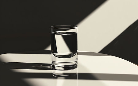 Glass of water with shadow on the table. Black and white photos.の素材