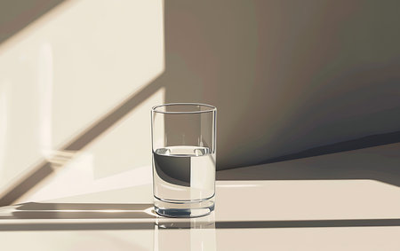 Glass of water on a white table in the sunlight. 3d renderingの素材