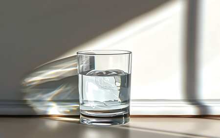 Glass of water with ice on the table in the sunlight. 3d renderの素材