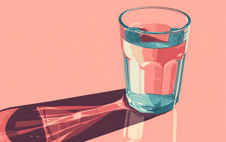 Glass of water on a pink background. 3d rendering, toned imageの素材