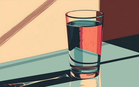 Glass of water on the table. 3D illustration. Vintage style.の素材