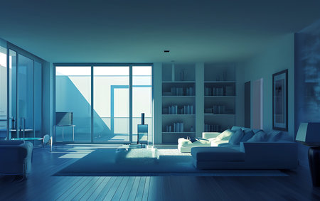 Interior of modern living room with white walls, blue floor, comfortable white sofa and bookcase. 3d renderingの素材
