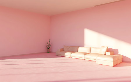 Interior of modern living room with pink walls, sofa and plant. 3d renderの素材