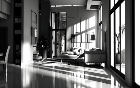 Interior of modern living room with black and white furniture 3D renderingの素材
