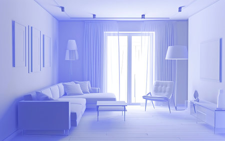 interior design modern bright room with blue sofa 3d Illustrationの素材