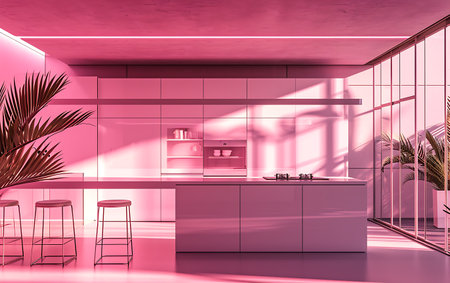 Interior of modern kitchen with pink walls, concrete floor, white cupboards and white countertops with built in sink and cooker. 3d renderingの素材