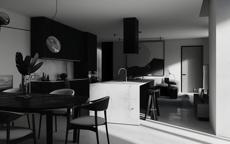 Interior of modern kitchen in black and white. 3d renderの素材