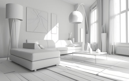 Modern white living room interior design with white sofa and floor lamp 3D renderingの素材