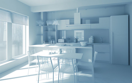 3d Illustration of blue modern kitchen in a house with a beautiful designの素材