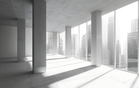 Empty office interior with city view and sunlight. 3D Renderingの素材