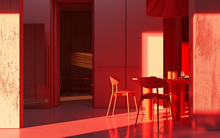 Interior of modern cafe with red walls, concrete floor, red chair and round tables. 3d renderingの素材
