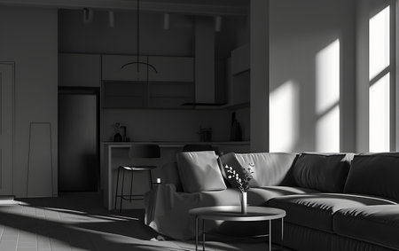 Dark living room interior with sofa, coffee table, coffee table and window. 3d renderingの素材