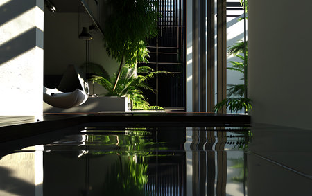 3d rendering of modern bathroom with white walls, concrete floor, comfortable bathtub and green plants.の素材