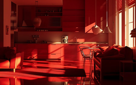 3d rendering of red modern kitchen in scandinavian styleの素材