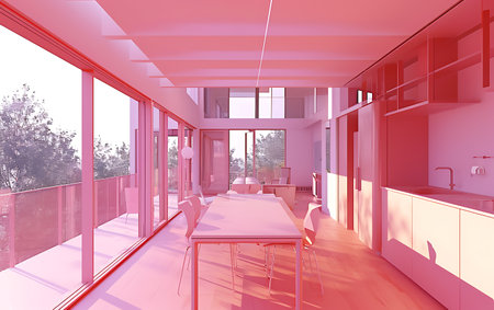 3d rendering of a modern kitchen in a house with pink wallsの素材