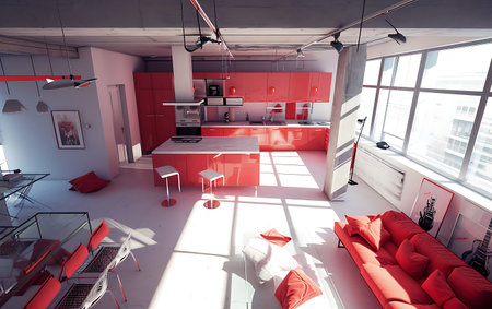 3d render of modern red kitchen interior design with red furniture.の素材