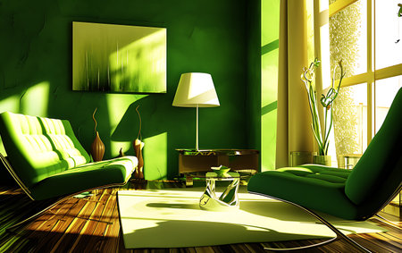 Interior of a living room with green armchairs and a tableの素材