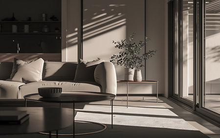 Interior of modern living room with gray walls, concrete floor, comfortable white sofa and coffee table. 3d renderingの素材