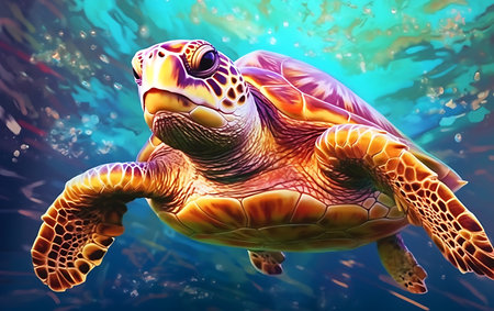 Green sea turtle swimming in blue ocean. 3d render illustration.の素材