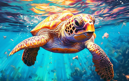Sea turtle swimming in the sea. 3D illustration. Sea life.の素材