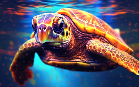 3D render of a sea turtle swimming in the ocean with colorful backgroundの素材