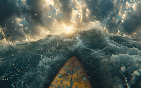 Surfboard in the ocean with waves breaking on the shore.の素材