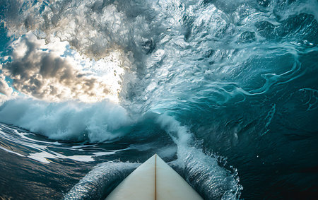 Surfing the ocean wave with a white boat in the ocean.の素材