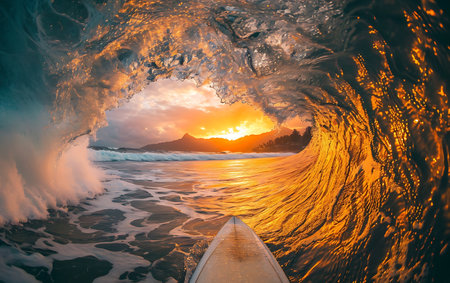 Beautiful view from the inside of the ocean wave with a beautiful sunsetの素材