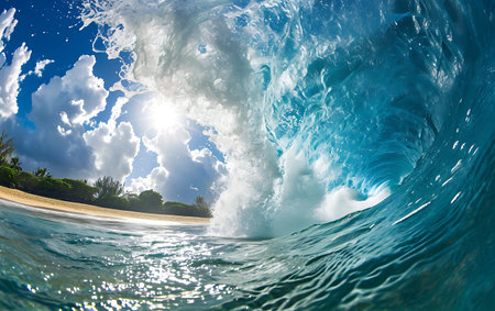 Surfing ocean wave on a sunny day at Seychellesの素材