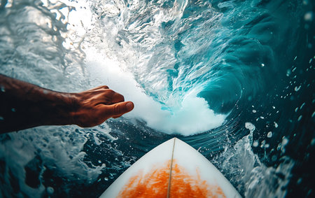 Surfer with surfboard at the bottom of a blue ocean waveの素材