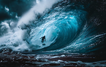 Surfing in ocean wave. Surfing on blue ocean wave.の素材