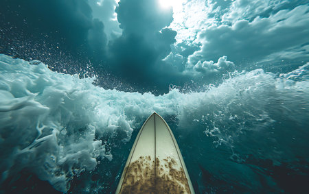 Surfboard in the ocean with waves and sunbeams.の素材