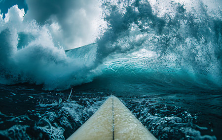 Surfing the ocean waves in Bali island, Indonesia. Toned.の素材