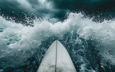 Surfboard in stormy ocean with splashes of water.の素材