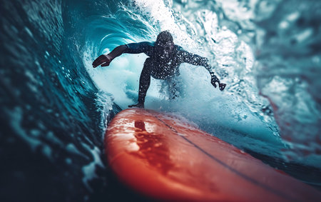 Surfing in ocean wave. Surfing and extreme sport concept.の素材