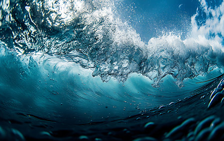 Underwater view of blue ocean wave with splashes and ripplesの素材