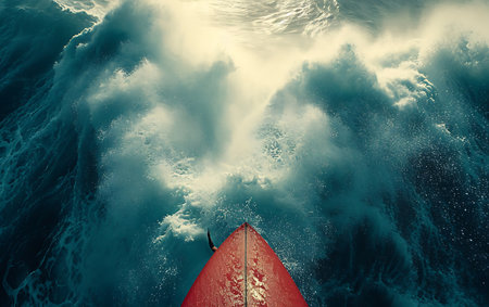 Surfing in the ocean with a red surfboard. 3d renderingの素材