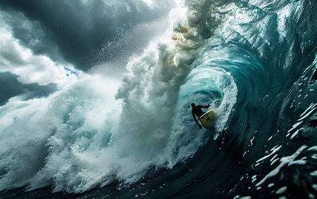 Surfing in blue ocean wave. Extreme sport and active life conceptの素材