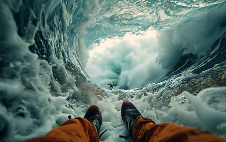 Hiker on the background of the sea and icebergs. View from above.の素材