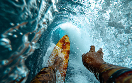 Surfer with surfboard in the ocean. Surfing concept.の素材