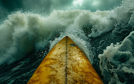 Surfing the stormy sea with a yellow surfboard on it.の素材