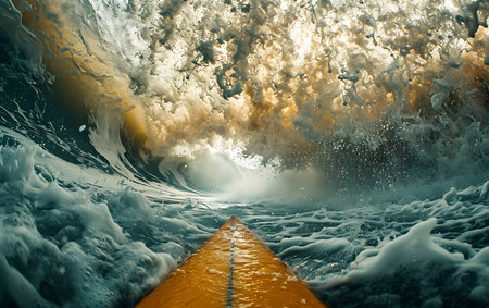 Conceptual image of a stormy ocean wave crashing against a yellow jettyの素材