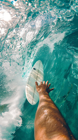 Surfer with surfboard in turquoise ocean. Top view.の素材