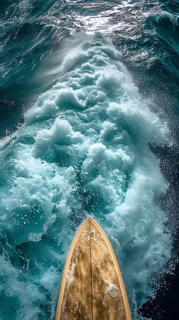 Surfboard in the ocean. Top view of the boat on the water.の素材