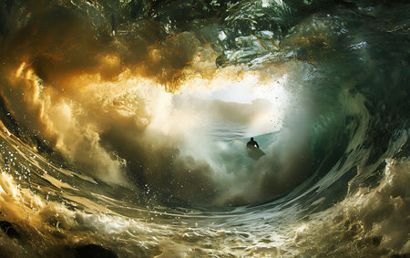 Surfing in ocean with big wave. Surfing on the board.の素材