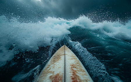 Surfboard in stormy sea. Concept of extreme sport and extreme travelの素材