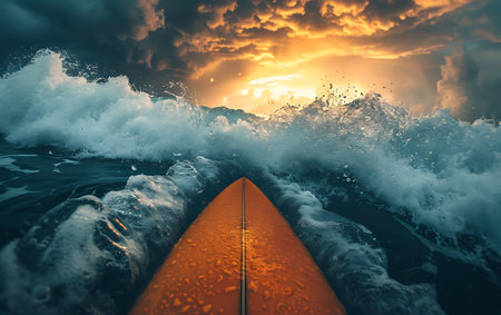 Surfing wave with orange paddleboard at sunset. 3D renderingの素材