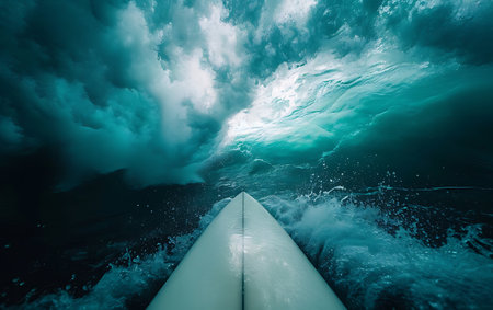 Underwater view of blue ocean with big wave and white boat.の素材