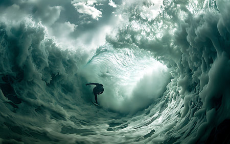 Surfing at the end of a stormy ocean. 3D renderingの素材