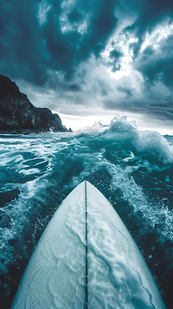 Tropical stormy ocean with surfboard. Bali island,Indonesiaの素材